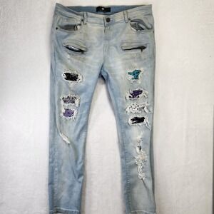 FOCUS JEANS Mens Distressed Light Wash Biker Jeans With Patches  Zippers 40W 32L